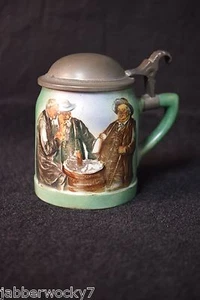 Antique Hand Painted German Lidded Stein - NO Markings - Old Men Drinking Beer - Picture 1 of 10