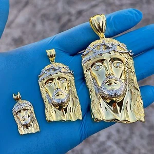 14K Gold Plated 925 Sterling Silver Jesus Piece CZ Two-Tone Face Head Pendant - Picture 1 of 9