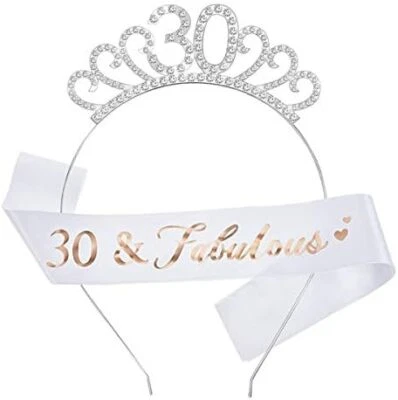Fantasyon 30th Birthday Crown and Sash, Crystal Tiara Birthday 30th Crown Birth - Image 1 of 4