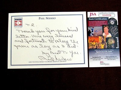 PHIL NIEKRO 300 WIN CLUB YANKEES BRAVES HOF SIGNED AUTO HOF NOTE CARD JSA BEAUTY - Image 1 of 3