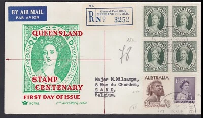 1960 4'3 Uprated 5d Queensland Block FDC 2'6 Aborigine Registered to Belgium - Image 1 of 4