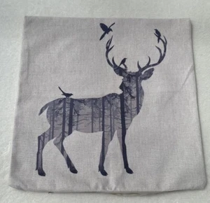 Buck Birds Pillow Cover Linen Nature Theme Christmas Stag Deer 17” x 17” Square - Picture 1 of 5