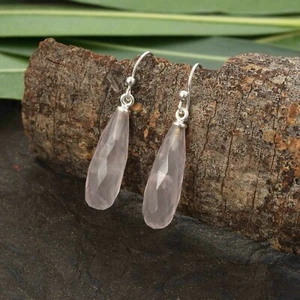 Orecchini Pendenti In Argento Sterling 925 Con Quarzo Rosa Lungo 28 Cts. - Foto 1 di 3