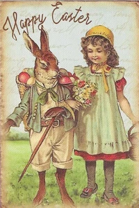 Postal de Pascua vintage RETRO antigua NUEVA REIMPRESIÓN conejito marrón conejo con niña - Imagen 1 de 2