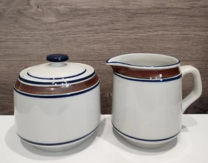 Vintage Salem Stoneware Georgetown Creamer and Sugar Bowl Blue Brown White Eagle - Picture 1 of 14