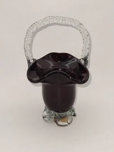 VINTAGE ROMANIAN ART GLASS DEEP RED 6" HAND BLOWN BASKET MCM - Picture 1 of 11