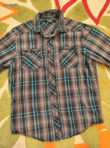 Men's Carbon Classic Fit Gray Blue Plaid Button-Down Long-Sleeved Shirt Sz M - Picture 1 of 4