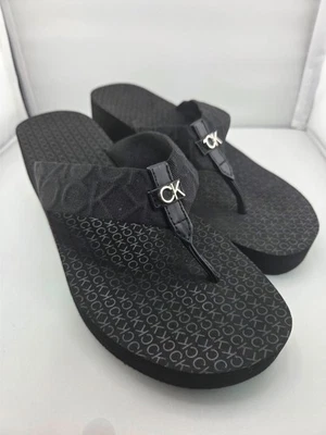 Calvin Klein CK Black Platform Flip Flops Womens Size 10 Wedge Sandals Logo Chic - Image 1 of 4