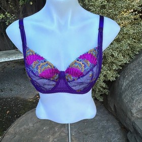 Aubade Paris Bra French Kiss Purple Floral Lace Unlined Underwire Balconette 34E