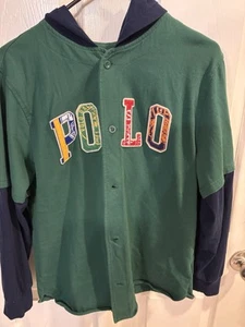 Polo Ralph Lauren Boys Green Navy Pullover Polo Button downHoodie Size L (14-16) - Picture 1 of 4
