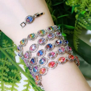 Versilberte feuerrote Regenbogen CZ Runde Kette Oval Armband für Frauen Verlobung - Bild 1 von 18