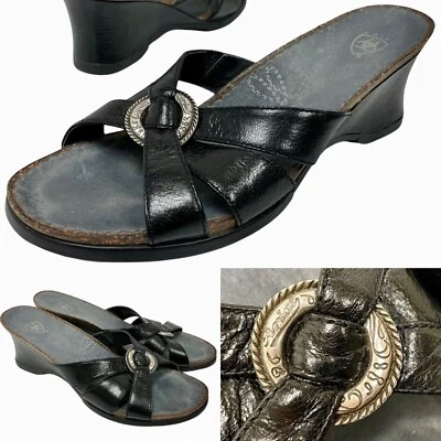 Ariat 20902 Black Leather Cowgirl Sandals Western Wedge Open Toe COMFORT Shoe 8 - Image 1 of 4