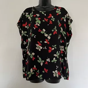 Halogen Black Floral Leafy Short Sleeve Round Neck Blouse Keyhole Women’s L NWT - Picture 1 of 10