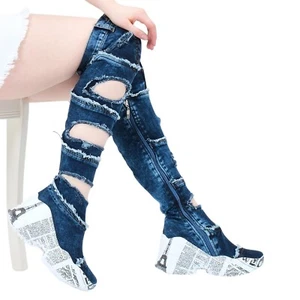 Botas de mezclilla Zapatos, Botas de plataforma, Zapatos hechos a mano para mujer / Regalo de cumpleaños - Imagen 1 de 9