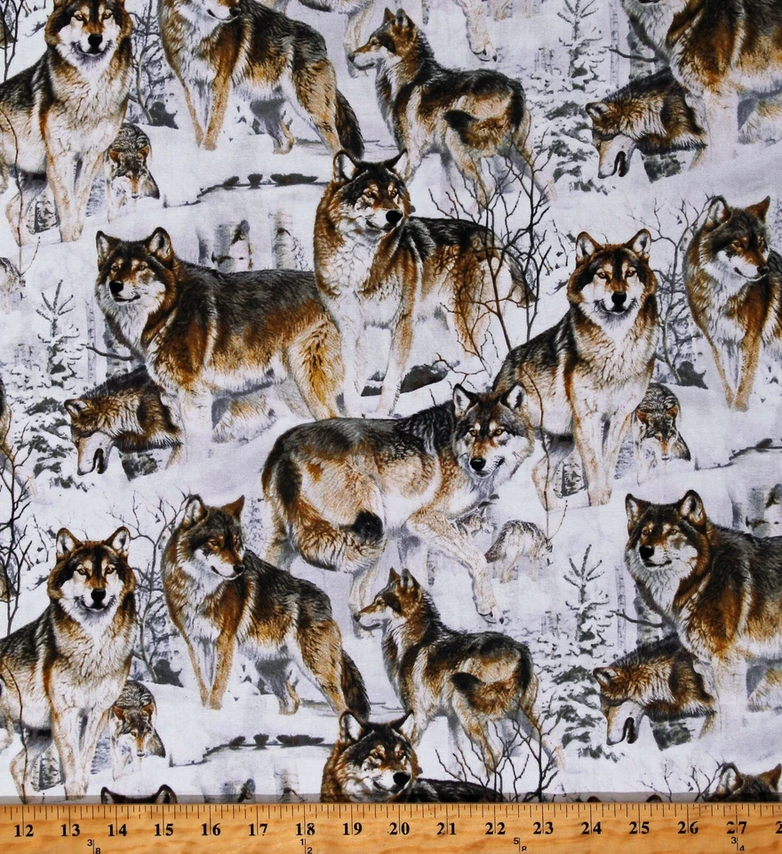 Lobos de algodão na neve animais lobo madeira inverno tecido estampa por jarda D482.41 - Imagem 1 de 1