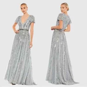 Mac Duggal 70108 Stripe Sequin V-Neck Maxi Gown Size 18 NWT Slate Blue - Picture 1 of 7