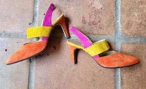 Designer JAZZ Spain Orange Yellow Purple Women Shoes Size 6.5 Heels Vintage EUC - Picture 1 of 7