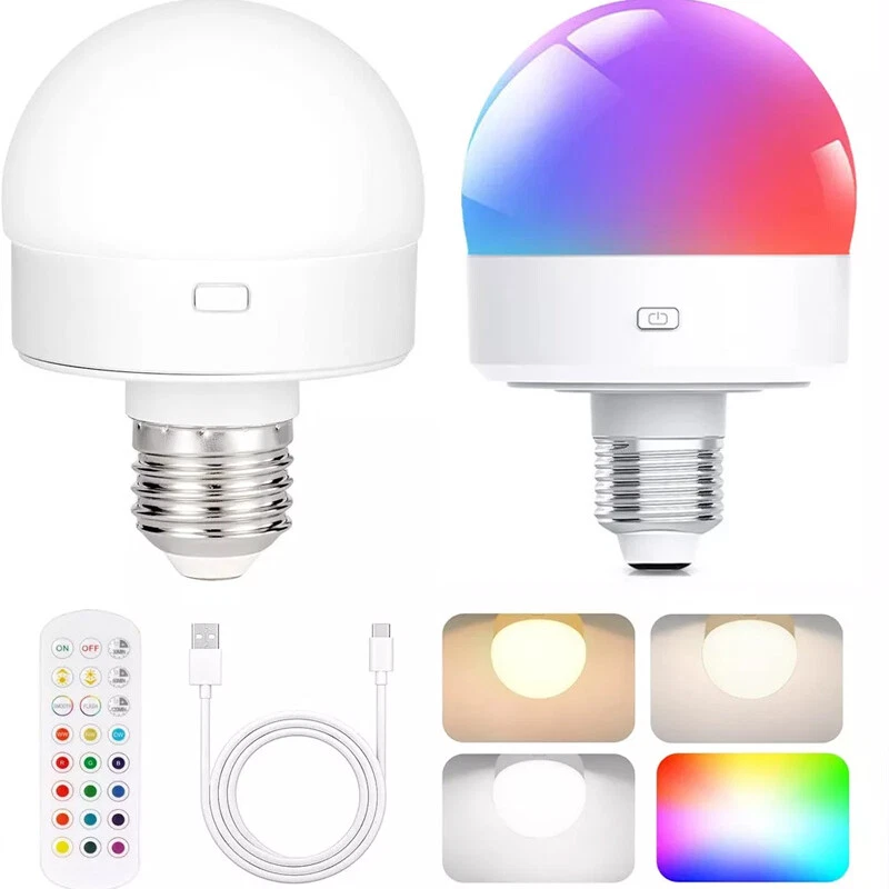 2X LED Battery Rechargeable Light Bulbs with Remote Control RGBW Screw-in Bulbs - Image 1 of 4