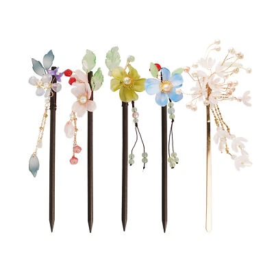 COOLCHANGE Asiatisches Haarnadel Set mit Blumen Deko | 5 Haarstäbe aus Holz & Metall | 18cm