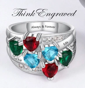 Personalized Mothers Ring 6 Heart Birthstones and 6 Engraved Names - Picture 1 of 7