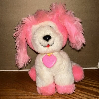 Peluche Mattel 1982 Poochie cachorro perro con etiqueta de corazón blanco rosa juguete suave años 80 de colección Foto 1 de 4