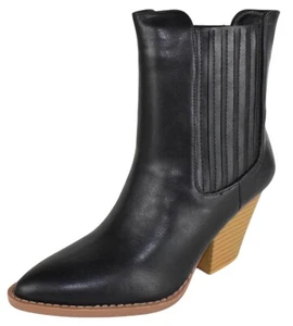 Forever Ankle Western Boots Stacked Heels Cowboy Booties Elastic RIVER-24 Black - Picture 1 of 3