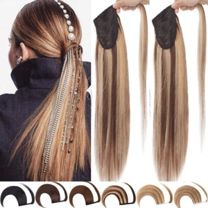 Human Hair Pony Tail Extensions Wrap-Clip In Ponytail Real Remy THICK Straight - Picture 1 of 32