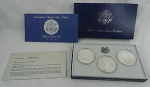 1983 Olympic Silver Dollar P D & S Uncirculated 3 Coin Set Box & COA US Mint - Picture 1 of 4