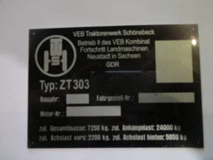 Typenschild Traktor Fortschritt ZT 303 Schild VEB DDR Schönebeck S60 - Bild 1 von 1