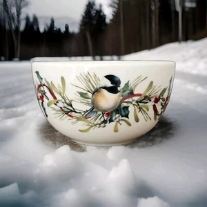 Lenox Serving Bowl Winter Greetings 6" Snow Bird Chickadee White Porcelain - Picture 1 of 8