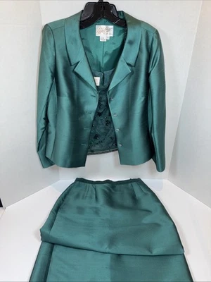 Rickie Freeman Teri Jon 3 Piece Skirt Suit Silk & Wool Sz 12/14 Emerald Green - Image 1 of 4