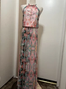 Parker Allison Viscose Silk Halter Neck Slit Maxi Dress Size XS Geometric Print - Picture 1 of 8