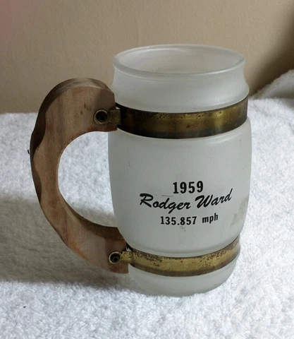 1959 INDY 500 Frosted MUG • RODGER WARD • Siesta Ware • Indianapolis Cover