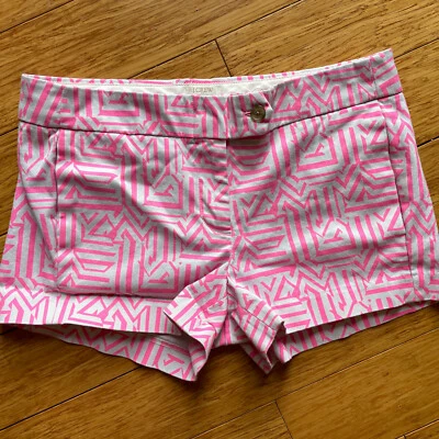 Pantalones Cortos J Crew Talla 4 Elastizados Rosa Caliente y Crema Geométricos Preppy Clásicos Chinos Foto 1 de 4