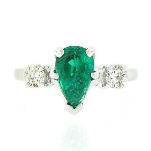 14k White Gold 1.38ct Pear Emerald & Round Diamond Three 3 Stone Engagement Ring