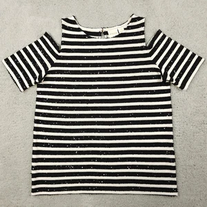 Chicos Top Womens 1 US Medium Black White Stripe Sequin Cold Shoulder Knit Shirt - Picture 1 of 10
