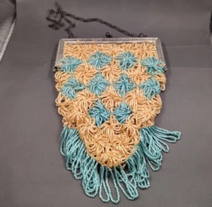 Antique Beaded Purse With Fringe Evening Bag Czechoslovakia Blue & Brown - Picture 1 of 9
