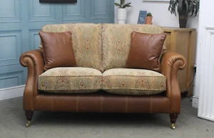 PARKER KNOLL, EASTBURY 2 SEATER SOFA, ROCCO TAN LEATHER & BASLOW MEDALION FABRIC - Picture 1 of 11