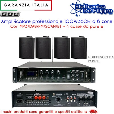 Amplificatore 100V/350W 6 zone Con MP3/DAB/FM/SCAN/BT con 4 casse da parete - Immagine 1 di 4