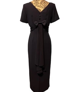 Talbots New Vintage Evening Dress Size 4 Navy Blue Bow Covered Buttons MIDI - Picture 1 of 12