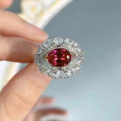 14k White Gold Plated 2.3Ct Oval Cut Lab-Created Ruby Halo Engagement Ring WOMEN - Image 1 of 4