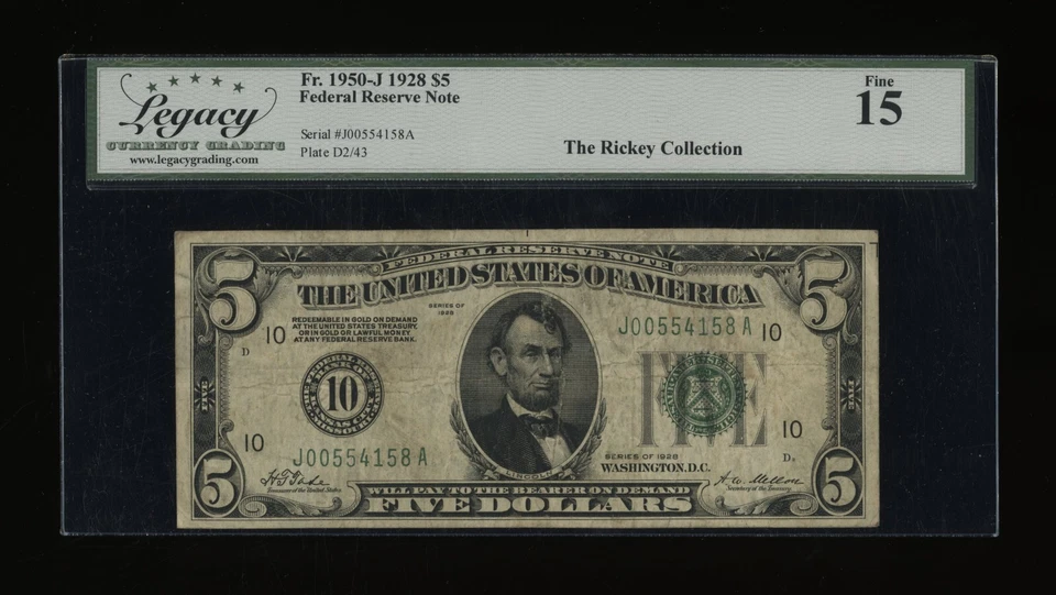 DBR 1928 $5 FRN Kansas City Numeral Fr. 1950-J Legacy 15 Serial J00554158A - Image 1 of 2