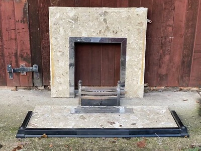 Vintage Fireplace Marble Hearth Back Panel And Plinth With Firetray And Grills - Image 1 of 4