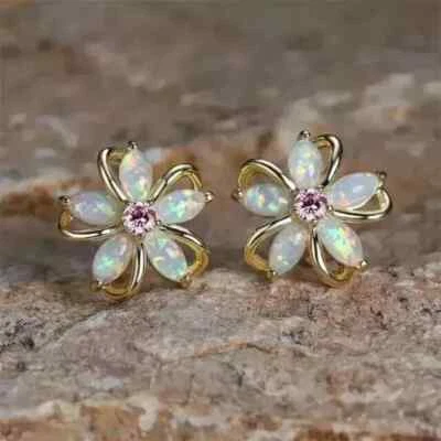 2CT Marquise Lab Created Diamond Fire Opal Stud Earrings 14K Yellow Gold Plated - Image 1 of 4