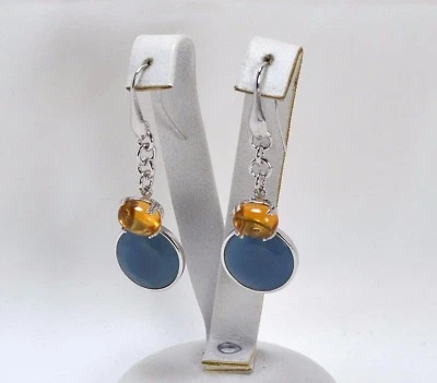  ORECCHINI IN ARGENTO 925 CON ACQUAMARINA CITRINO IDROTERMALE PENDENTE AGHT 0520 - Immagine 1 di 3