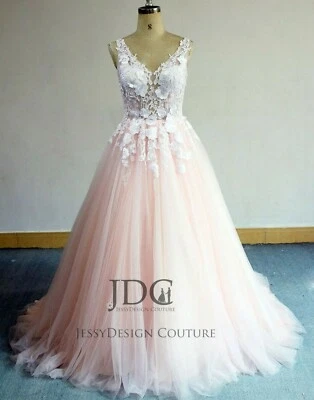 Fairytale Lace Wedding Dress Bridal Gown 3D Flowers Light Pink Straps 2-28W New - Image 1 of 4