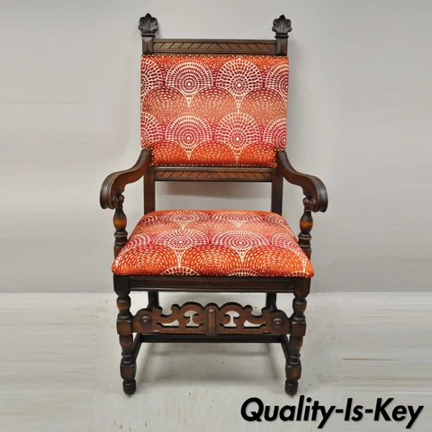 Antique Italian Renaissance Revival Carved Walnut Throne Captains Red Arm Chair Cover