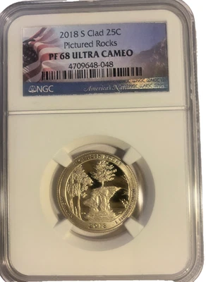 2018-S Clad PF 68 Ultra Cameo Pictured Rocks 25C Washington Flag Label - Image 1 of 2