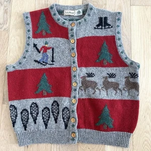 Vintage LL Bean Ski Holiday Winter Cardigan Sweater Vest Size Large Pure Wool - Picture 1 of 7