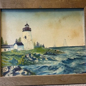 VTG 1987 Original Oil Painting On Paper Lighthouse Seascape View Signed Framed - Picture 1 of 8